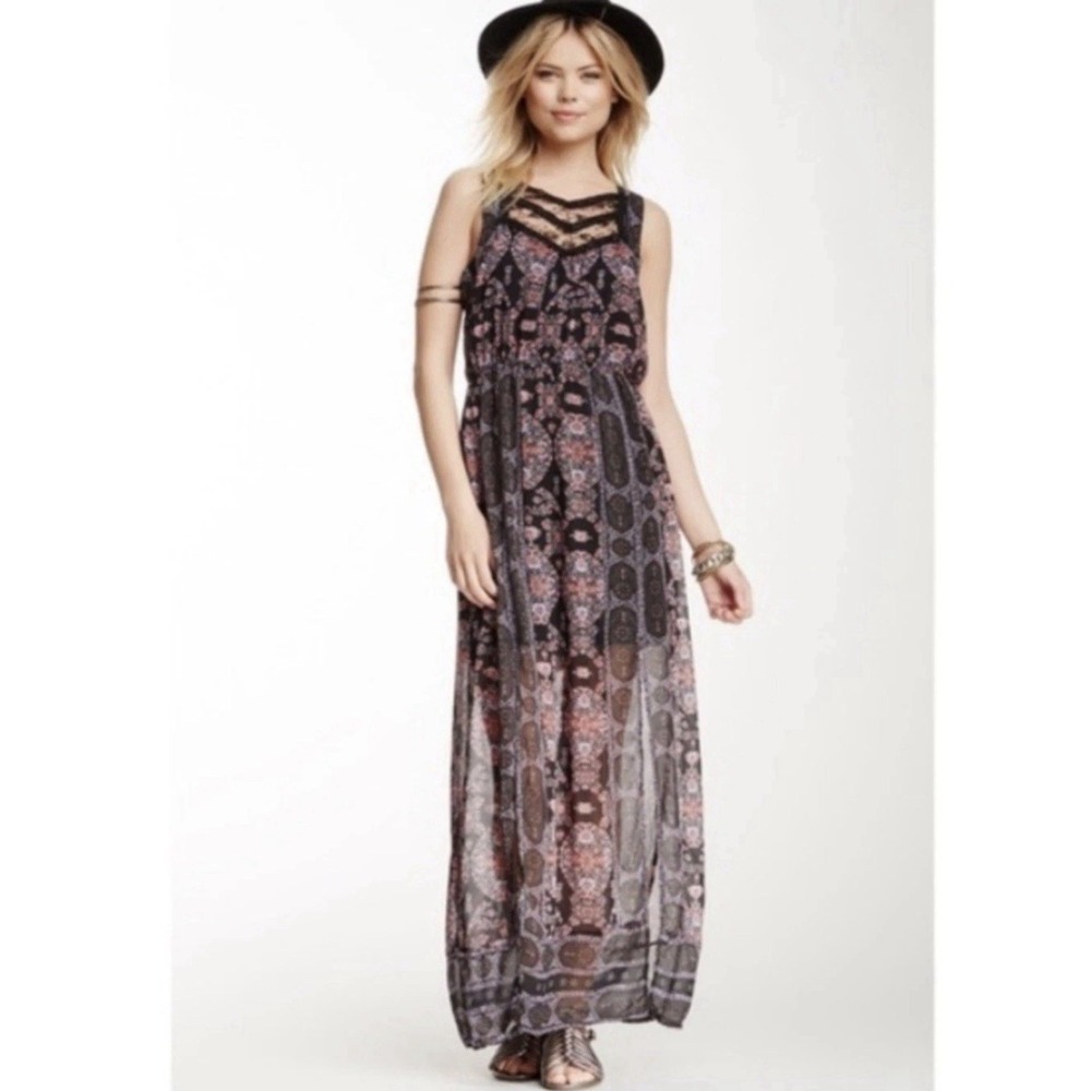 Free People Bohemian Moroccan Maxi Dress Black Printed Lace Whimsigoth Size 8